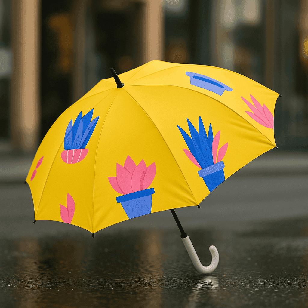 Custom full-print promotional umbrella with vibrant yellow plant pattern. Ideal for corporate gifts and art merchandise.
