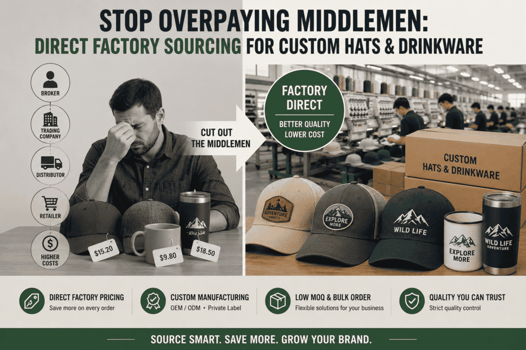 Stop Overpaying Middlemen: Direct Factory Sourcing for Custom Hats & Drinkware